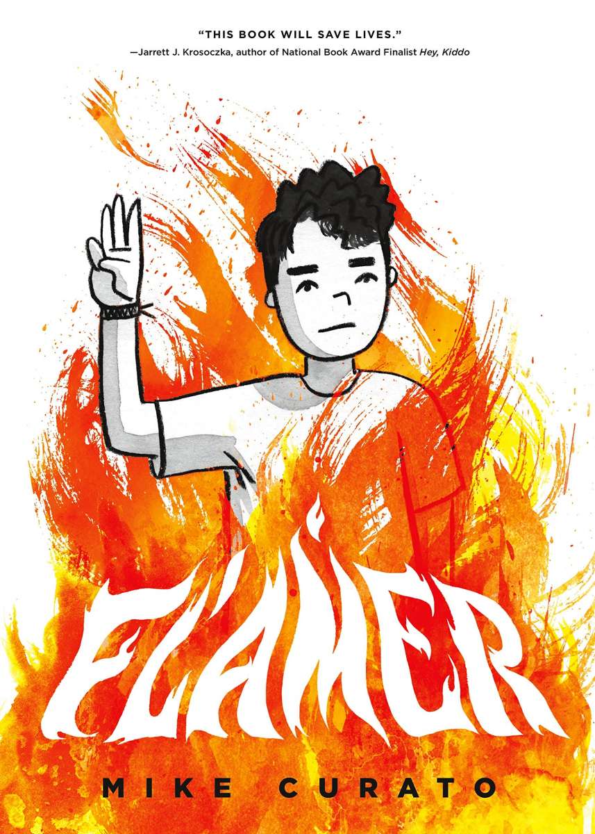 White cover featuring a boy with his hand upraise surrounded by flames