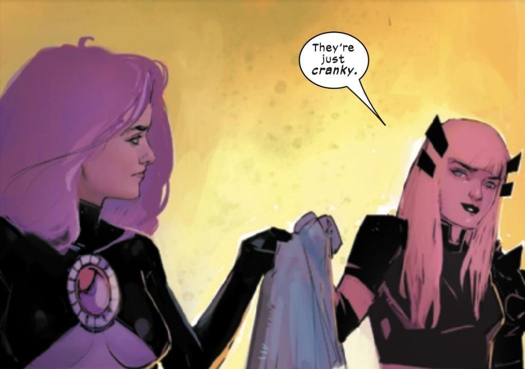 New Mutants #25: A woman in a black dress hands another woman in a black dress a towel.