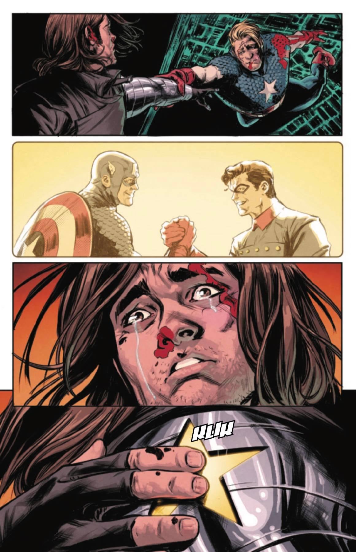 Bucky betrays Steve (art by Carmen Carnero)