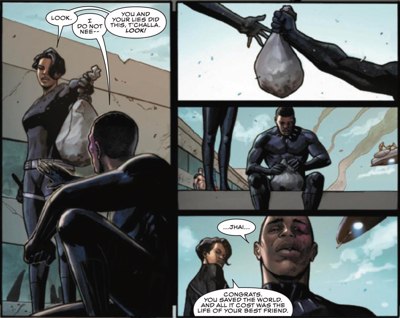 T'Challa looks at Jhai's severed head