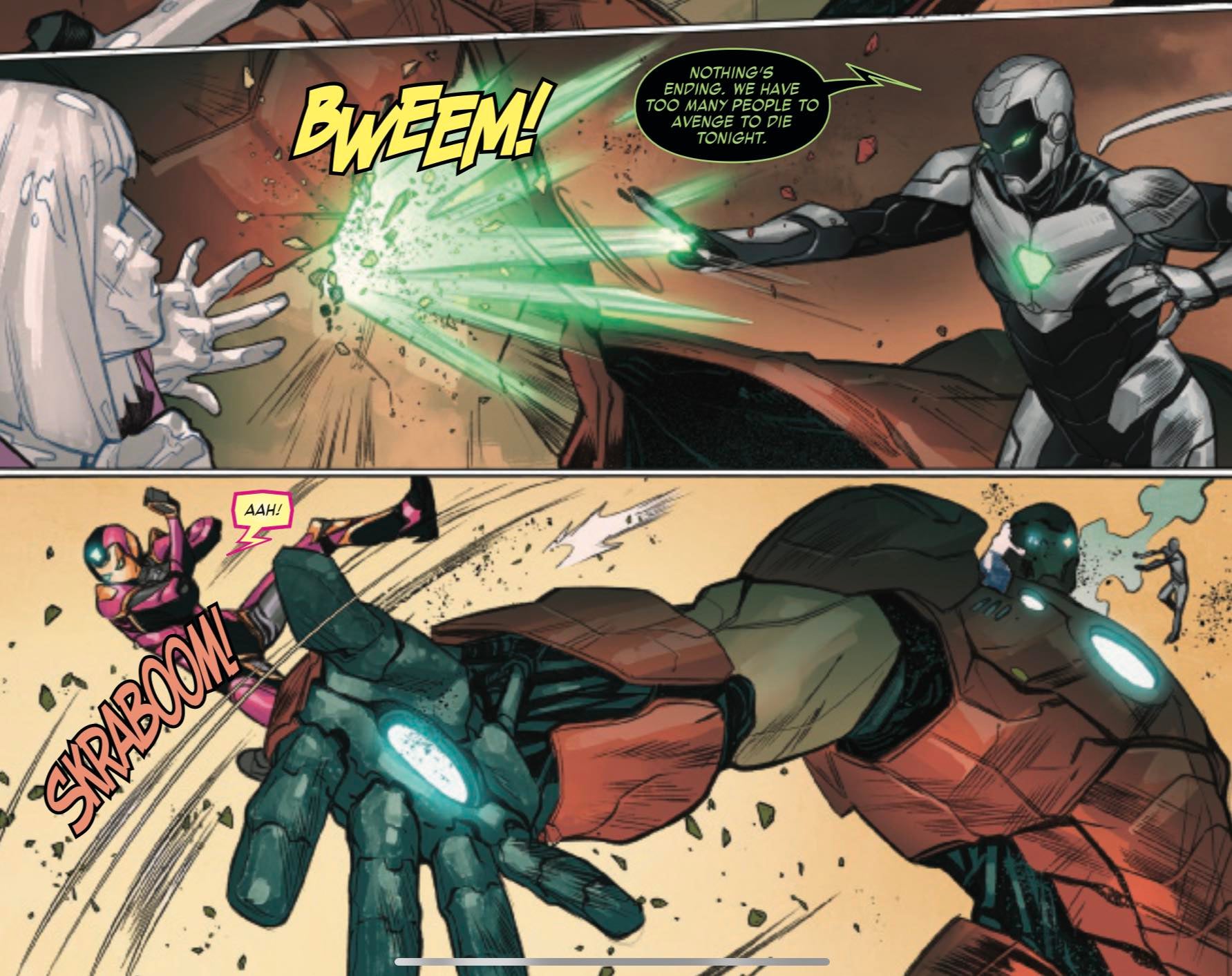 Iron Man and Ironheart fight a Stark Sentinel