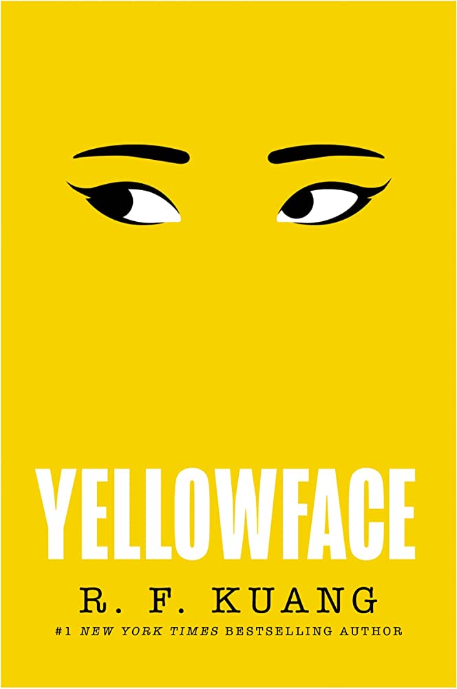 Yellow book cover featuring two eyes looking to the left. Cover for Yellowface