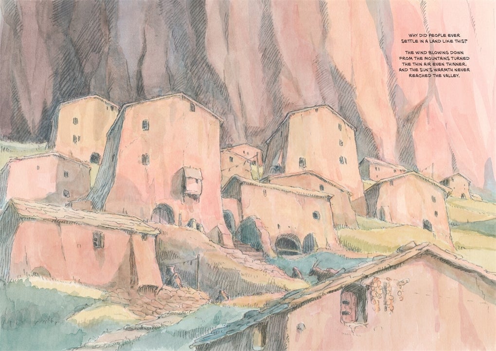 Illustrated spread from Shunas Journey featuring houses on a mountain