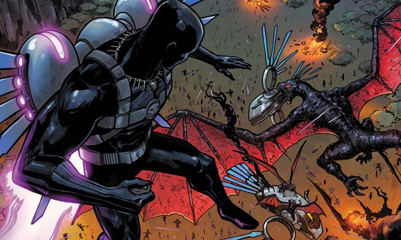 T'Challa descends onto a battlefield as a Symbiote Dragon attacks one of Wakanda's fighter planes.