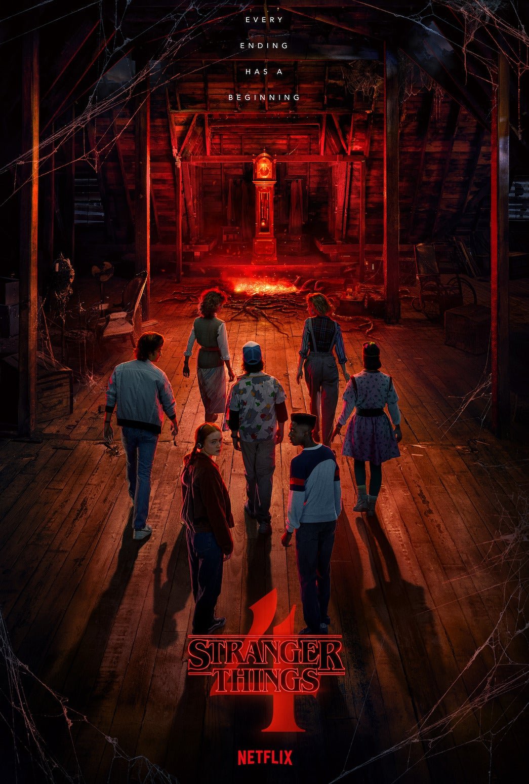 Stranger Things season 4 poster, featuring the cast of characters walking towards a red light