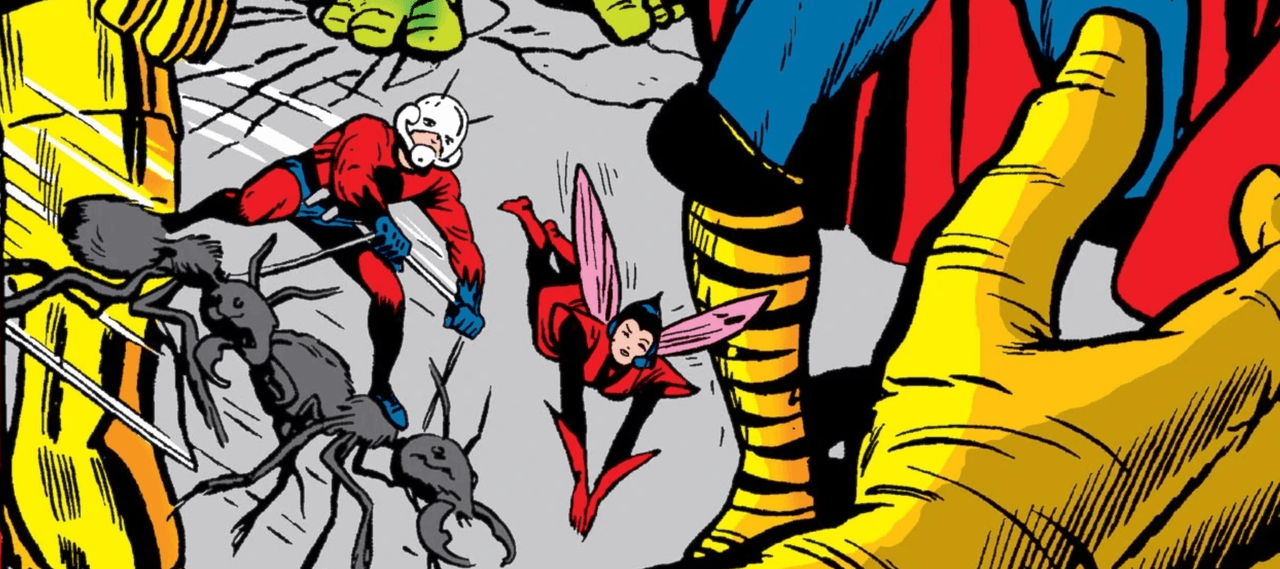 Close up illustration on a tiny Ant-Man and Wasp with some ants