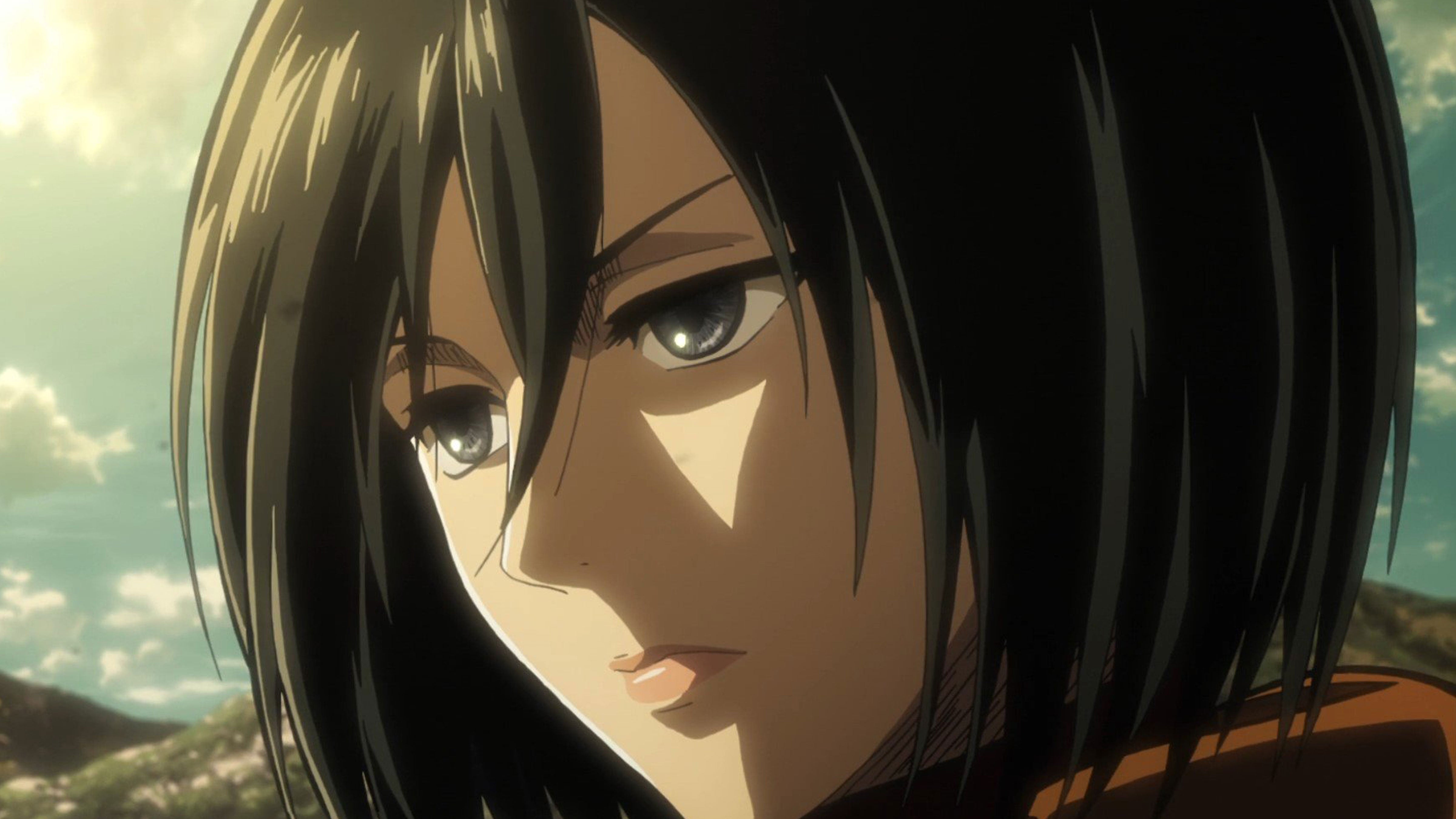 Close-up image of Attack on Titan character Mikasa looking deep in thought.