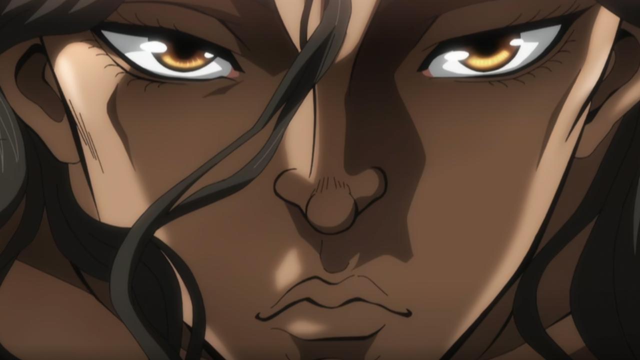 A muscular character stares, looking deep in concentration, in the Netflix anime show Baki.