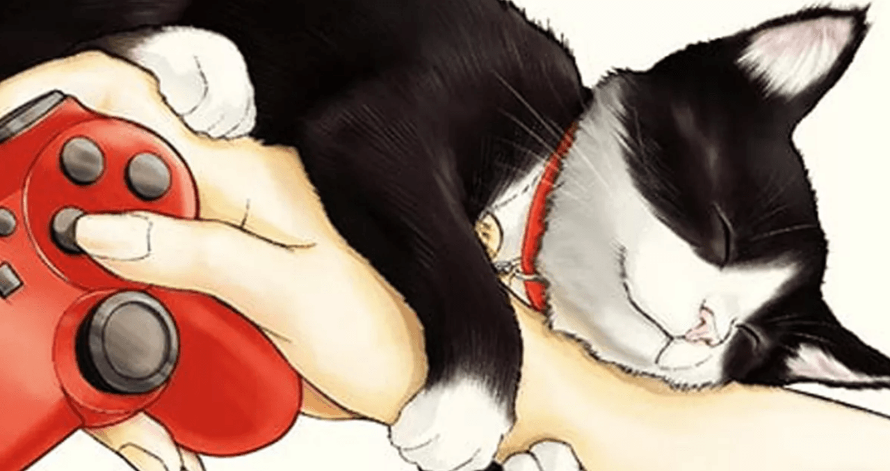 Image of hand holding gamer control with cat