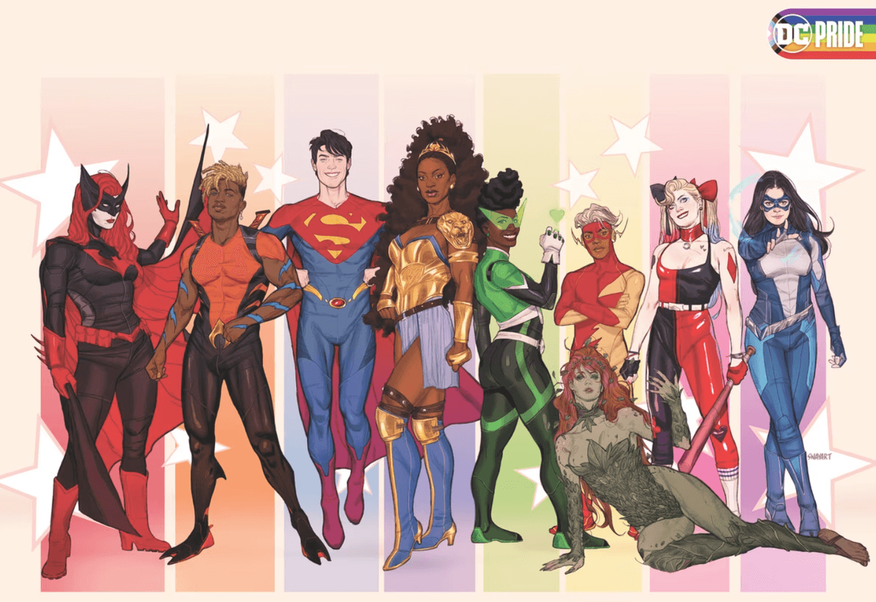 Press image featuring illustrations of a cast of queer DC characters including Batwoman, Superman, Harley Quinn