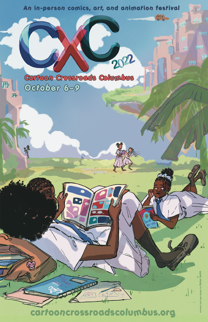poster of this year's Comics Crossroads Columbus CXC 2022 Poster Art and Logo by Robyn Smith, Design by Geoff Raker