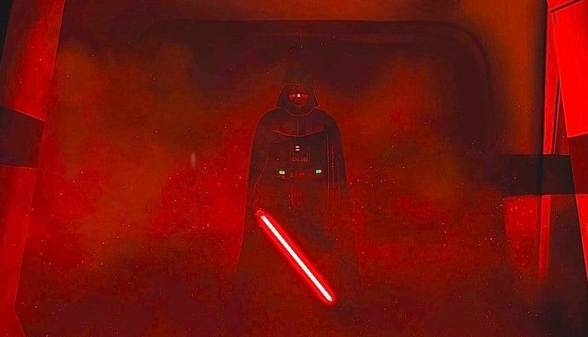 Screenshot of Darth Vader with his red lightsaber in Rogue One