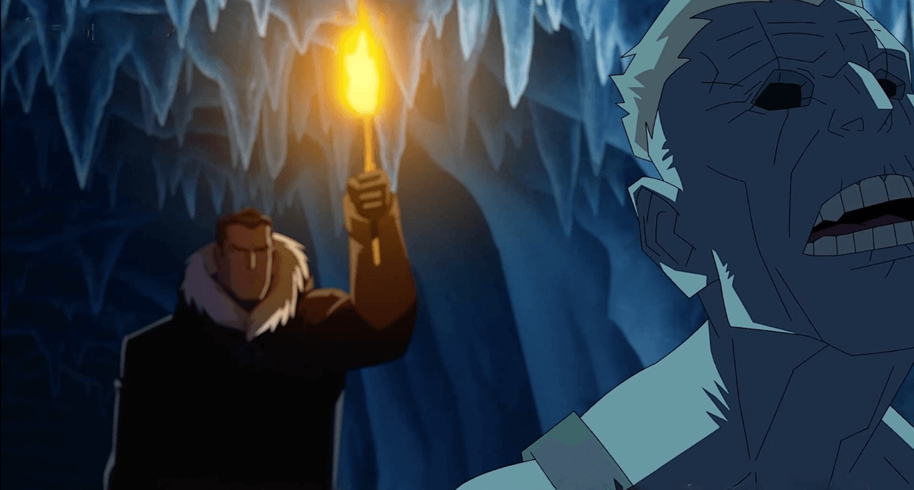 Still image from Batman Doom that Came to Gotham featuring Bruce WAyne holding a torch in an ice cave and a blue eyeless man