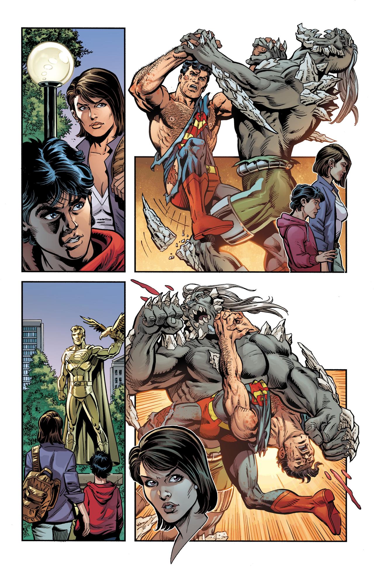 Interior comics page featuring Superman fighting as people watch on