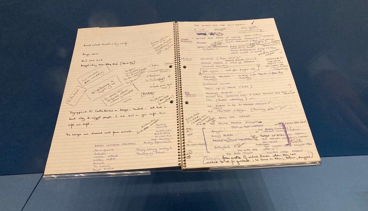 Handwritten notes for Monty Python and the Holy Grail at Fantasy exhibit