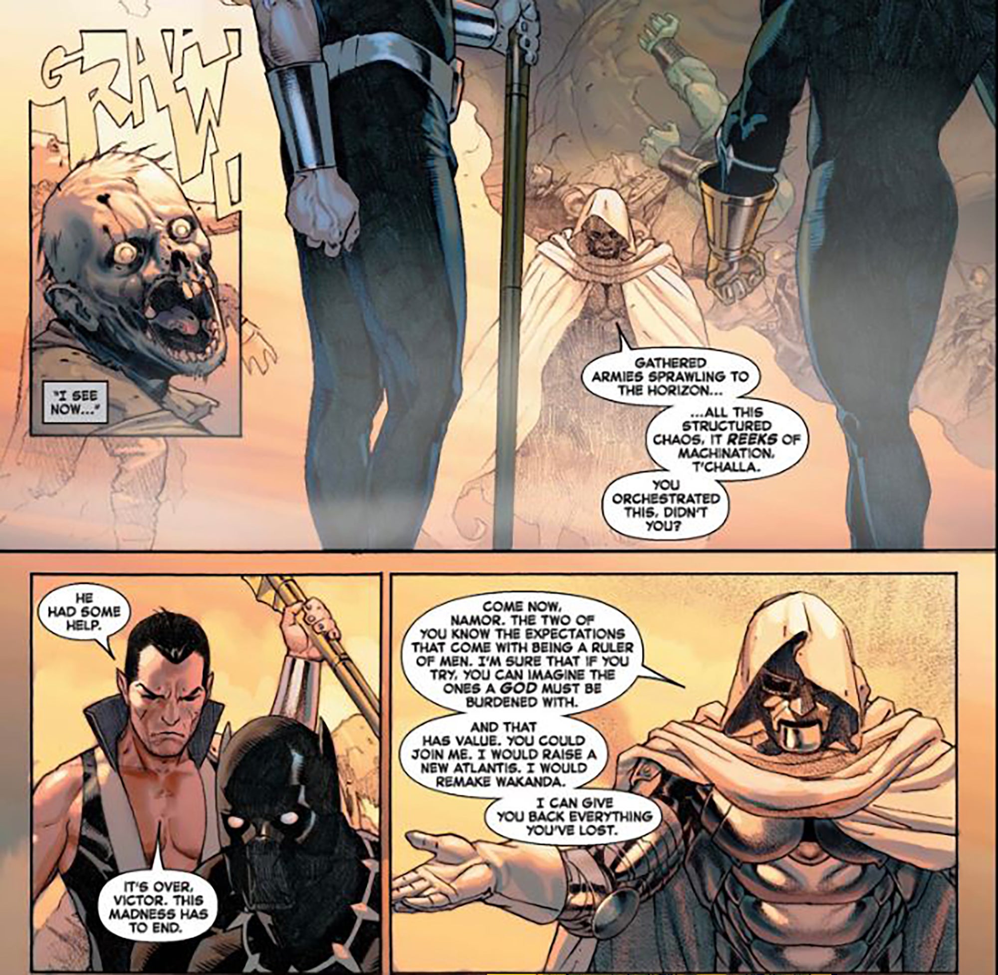 T’Challa and Namor face down Dr. Doom together on Battleworld. From Secret Wars (2015) #9. Written by Jonathan Hickman, Art by Esad Ribic, Color Art by Ive Svorcina, Letters by Clayton Cowles.