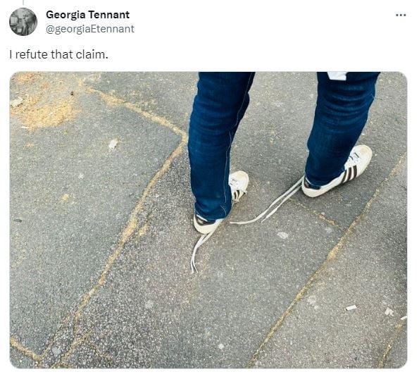 Tweet that reads "I refute that claim" with a photo of David Tennant's  untied shoes