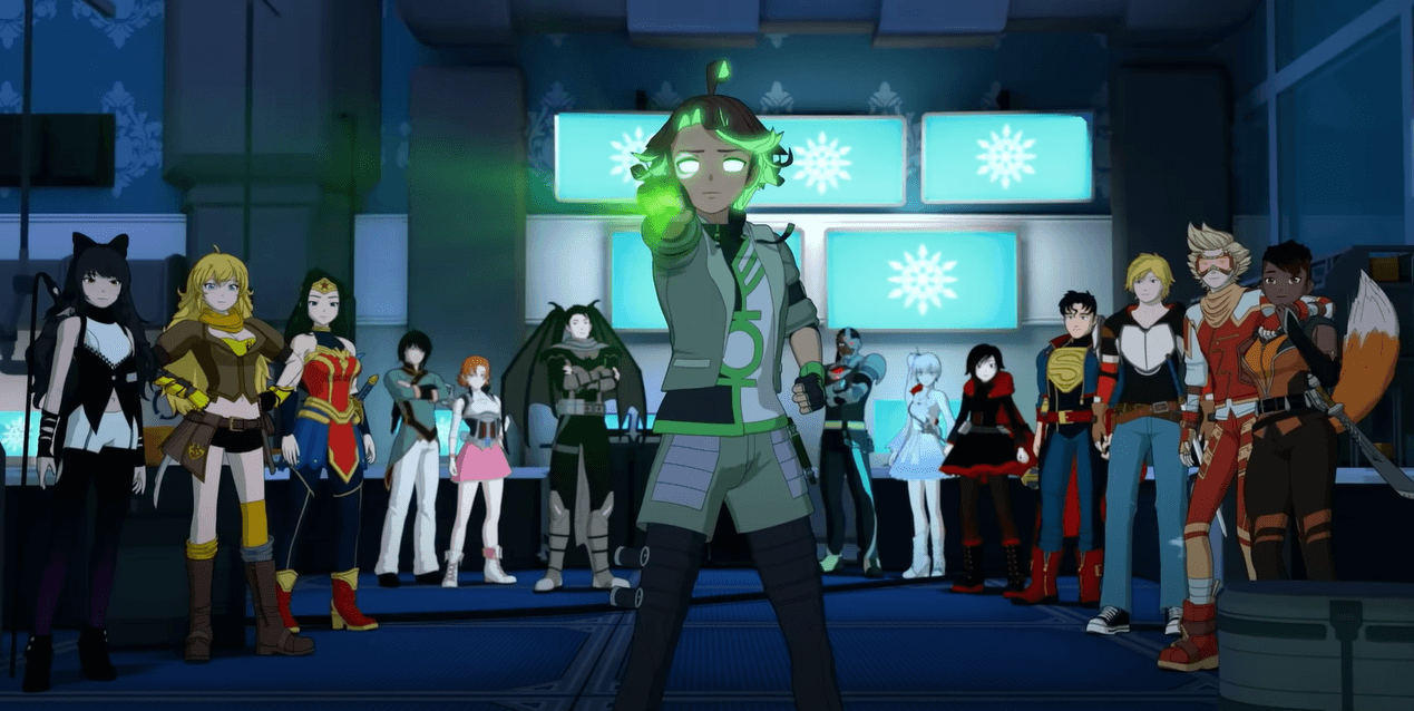 still animated image featuirng a teenaged Green Lantern standing in front of a group, using her ring