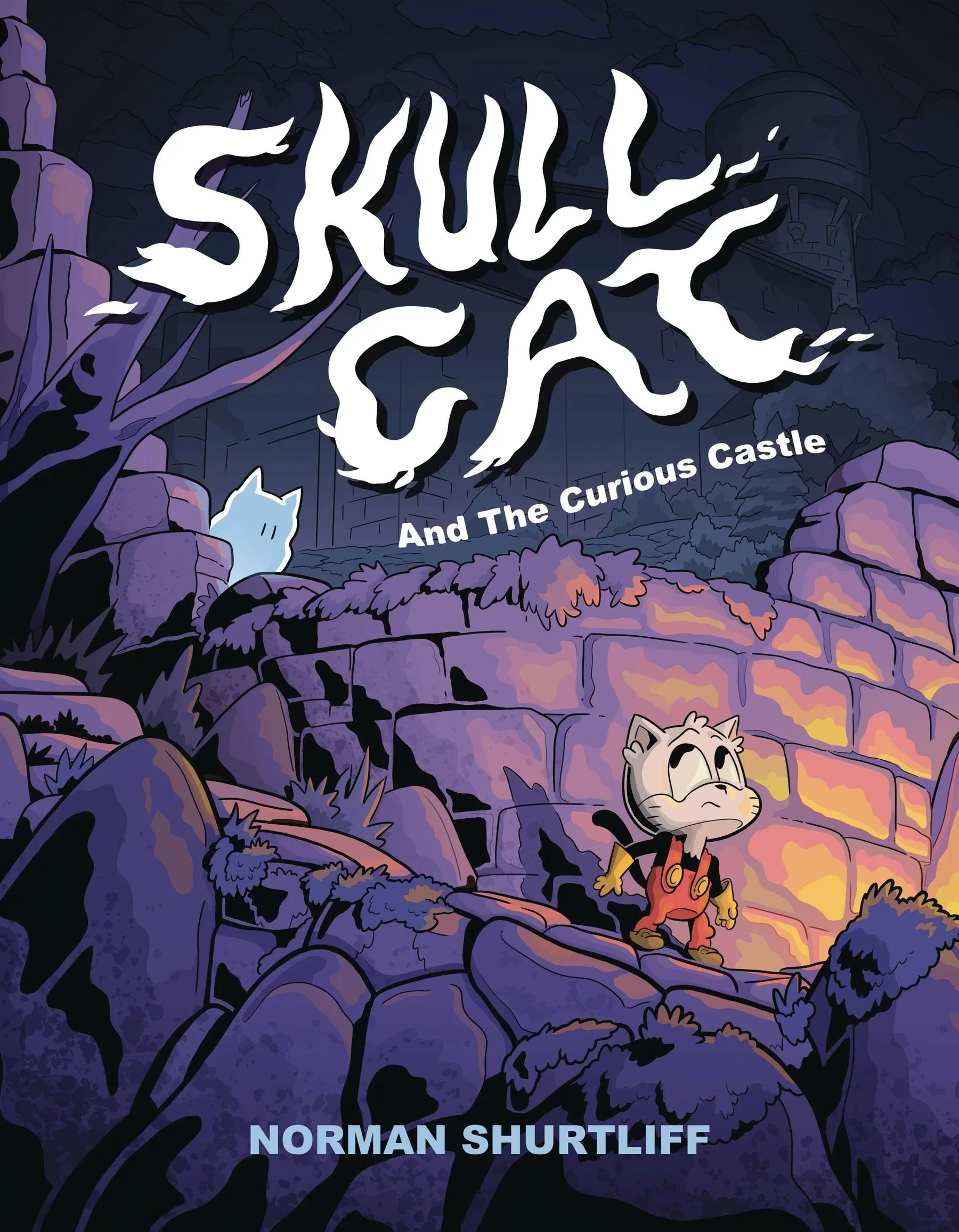 Cover of Skull Cat, featuring cat wearing overalls looking up at a castle