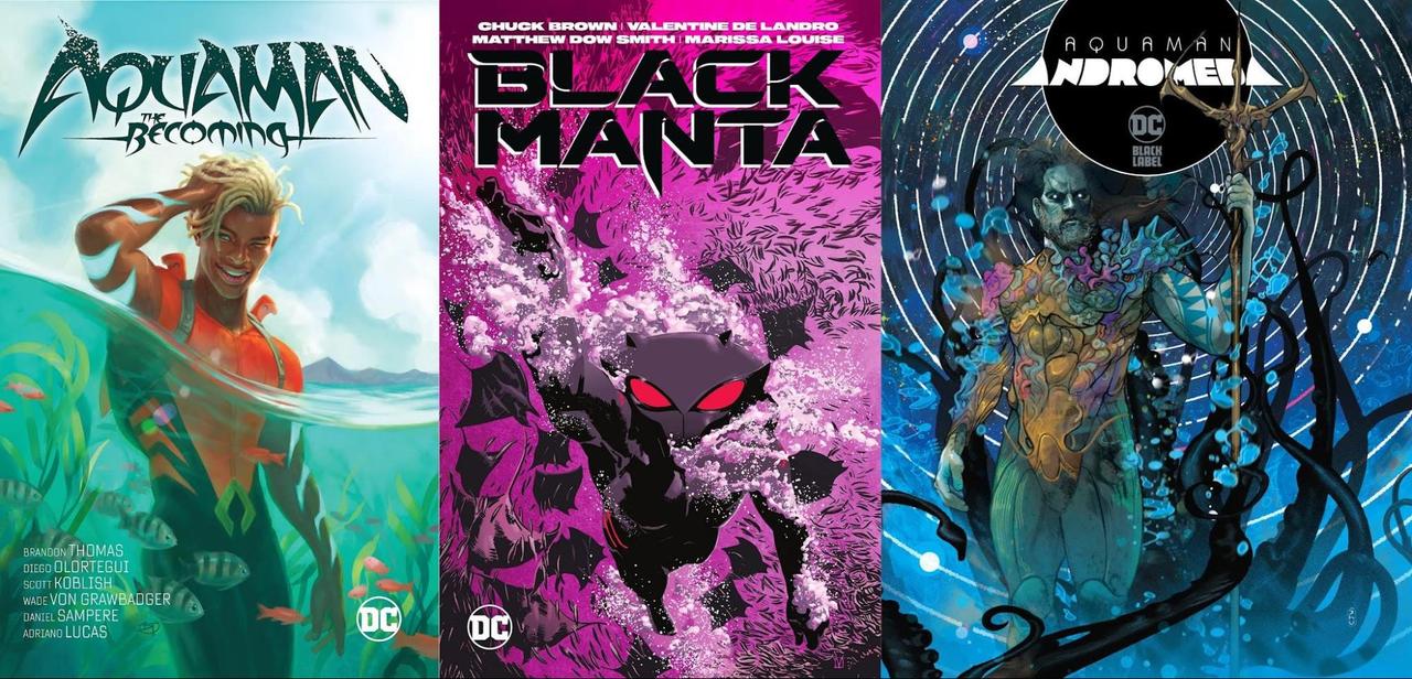 Three comics covers Aquaman, Black Manta, and Andromeda next to each other