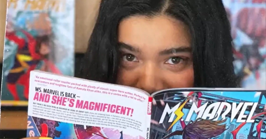 Iman Vellani reading Ms. Marvel