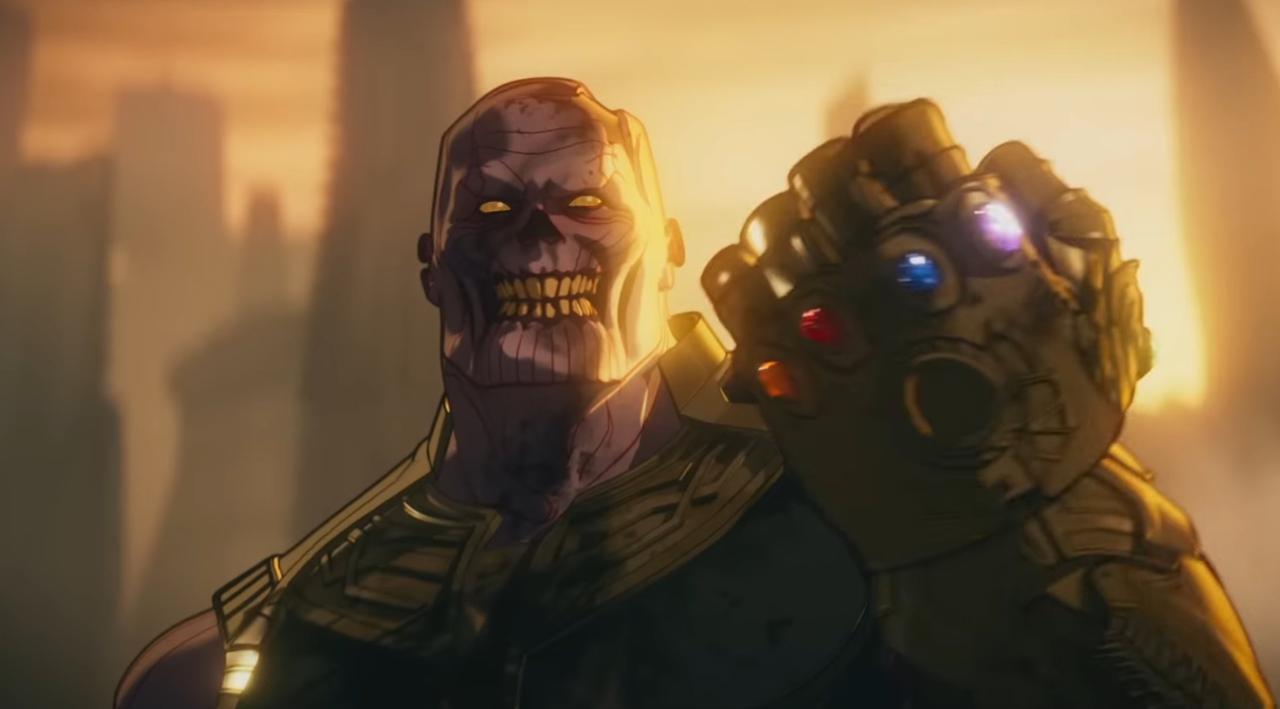 A still of Thanos as a zombie with the Infinity Gauntlet in Marvel Zombies