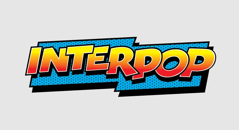 Interpop logo in yellow and red gradient over blue background