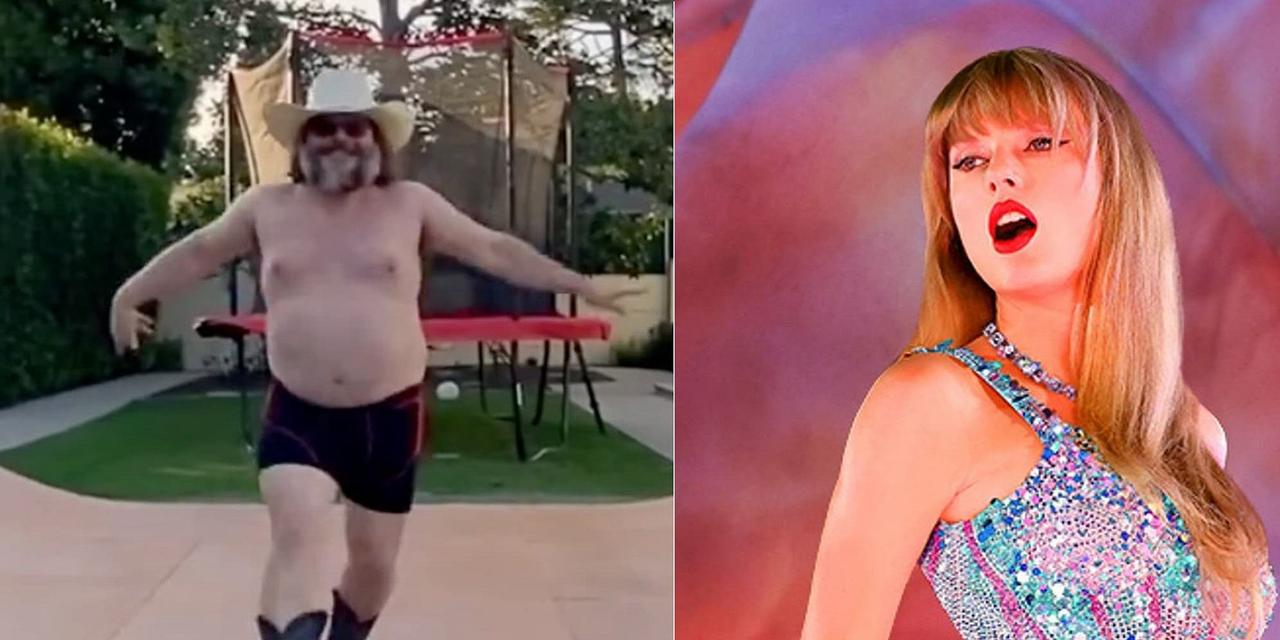 Jack Black dancing shirtless along with Taylor Swift from the Eras Tour poster