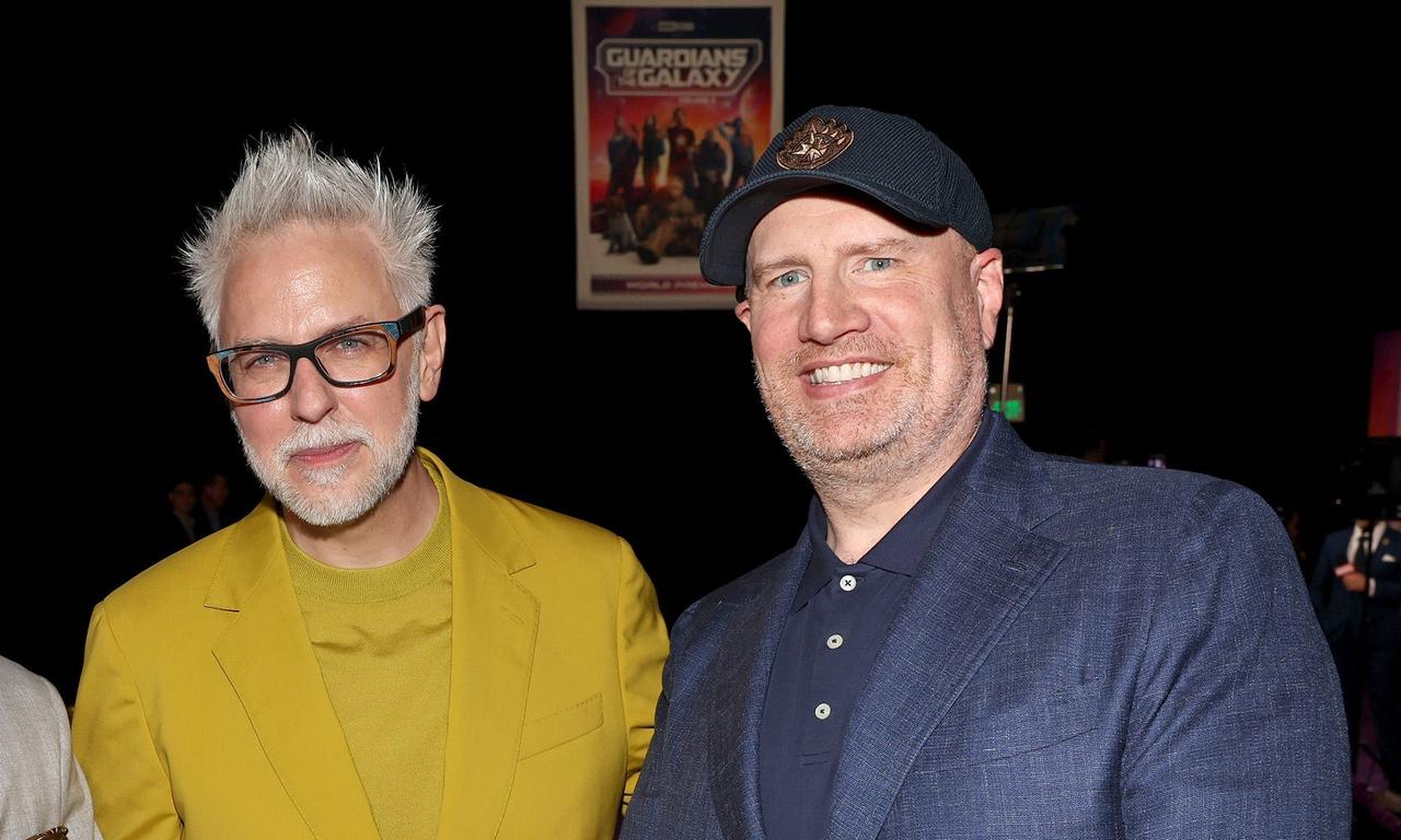 James Gunn and Kevin Feige at a Guardians of the Galaxy Vol. 3 promotional event