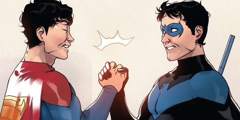 Jon Kent Superman and Nightwing clasping hands