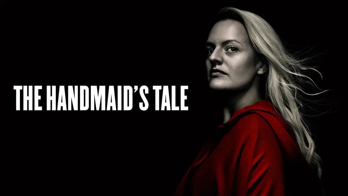 The Handmaid's Tale logo with June in red robe