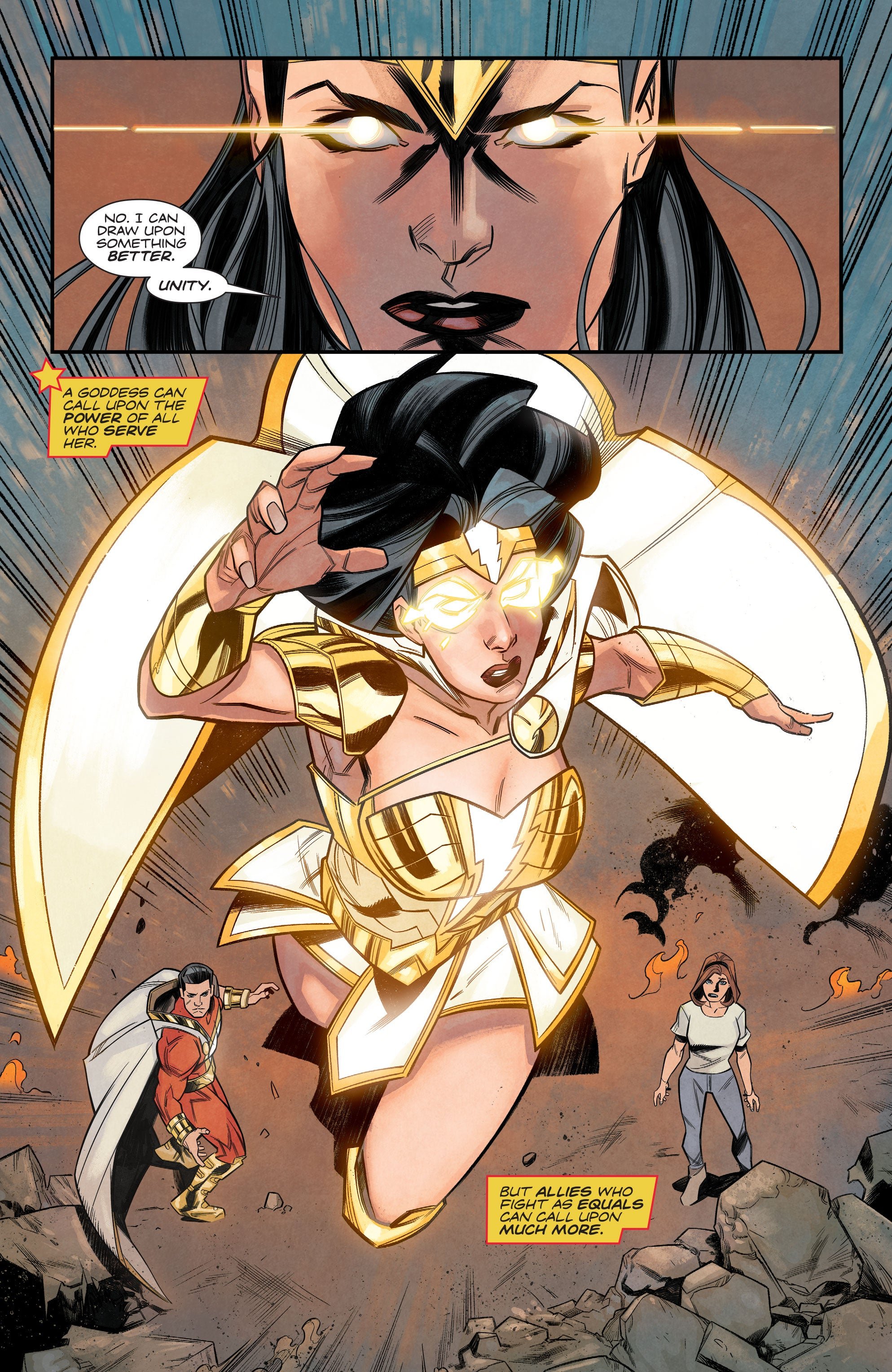 The Shazam-empowered Wonder Woman flies