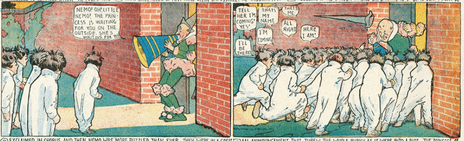 Two panels featuring a bunch of identically dressed Little Nemos