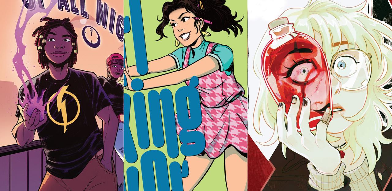 Static: Up All Night, Girl Taking Over: A Lois Lane Story, and The Strange Case of Harleen and Harley covers