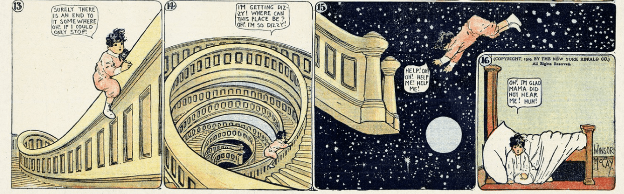 Panels featuring Little Nemo climbing, being launched into space and then waking up on the floor next to his bed.