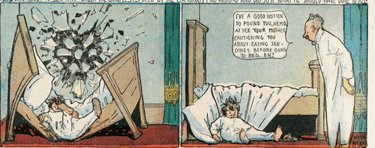 Two comic book newspaper panels featuring Little Nemo falling through a wall and onto a broken bed, and one where he has woken up on the floor next to his bed in reality