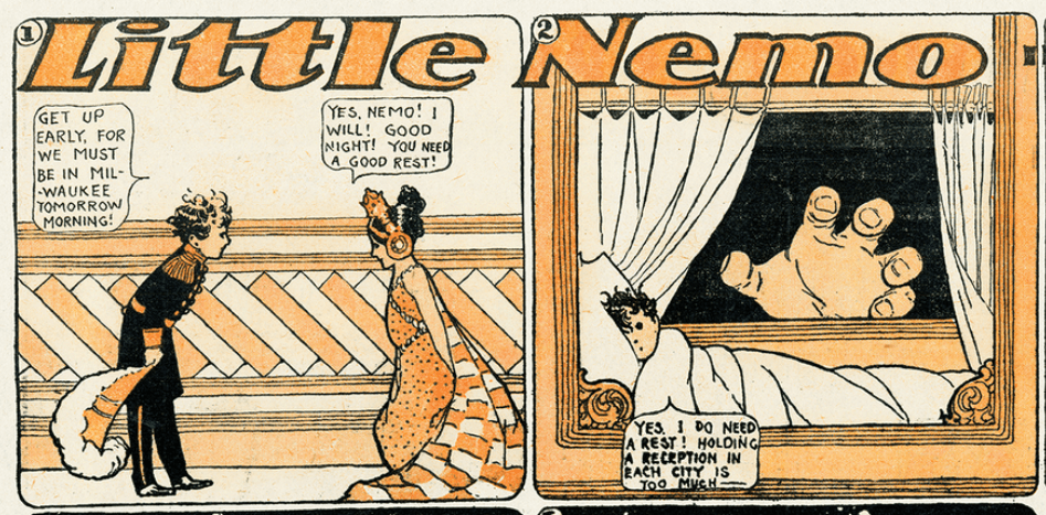 Two orange, white and black comic panels with Little Nemo title at top. Two children in formal wear bow to each other. Then Little Nemo in bed, with a giant hand about to reach through the window