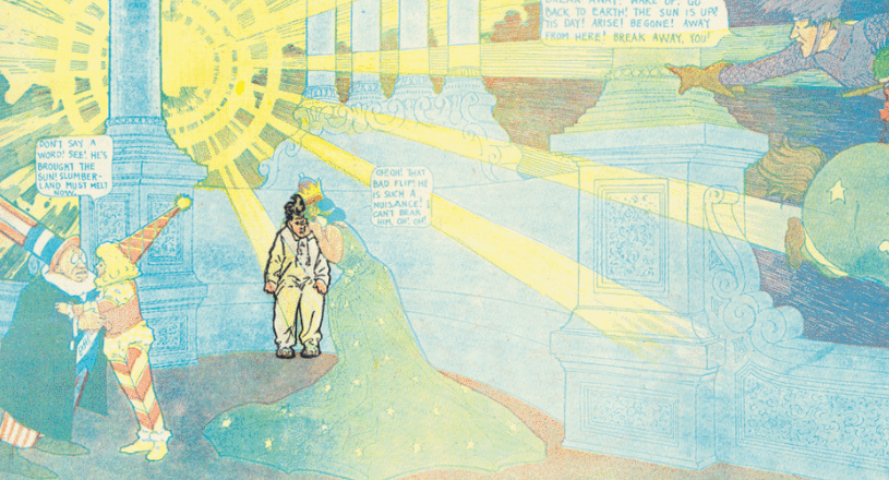 Cropped panel featuring Little Nemo, turning his head down in reaction to a huge sunburst