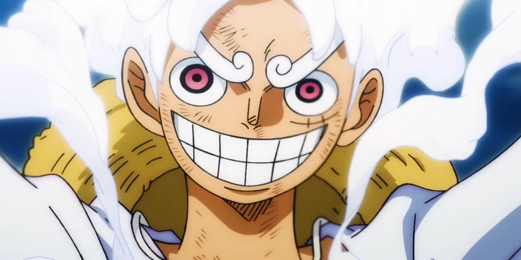Luffy in Gear 5 form with red eyes and white hair