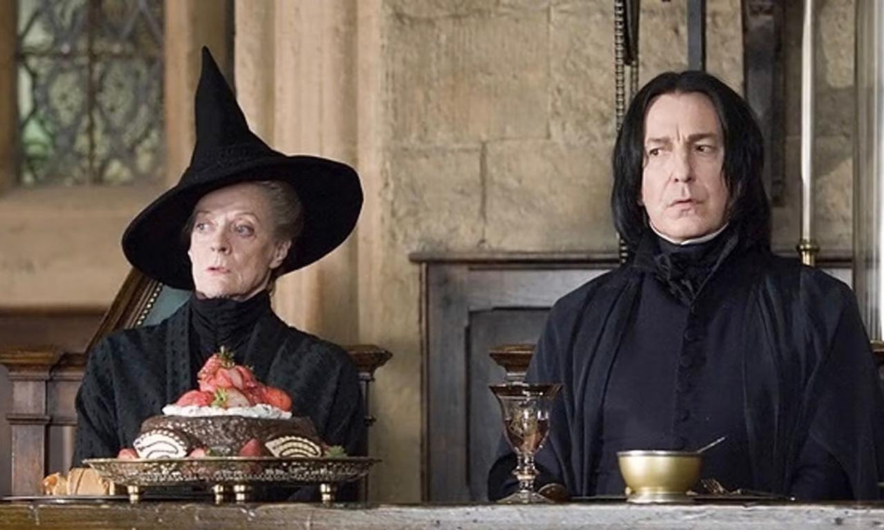 A still from the Harry Potter films of Professor McGonagall and Professor Snape