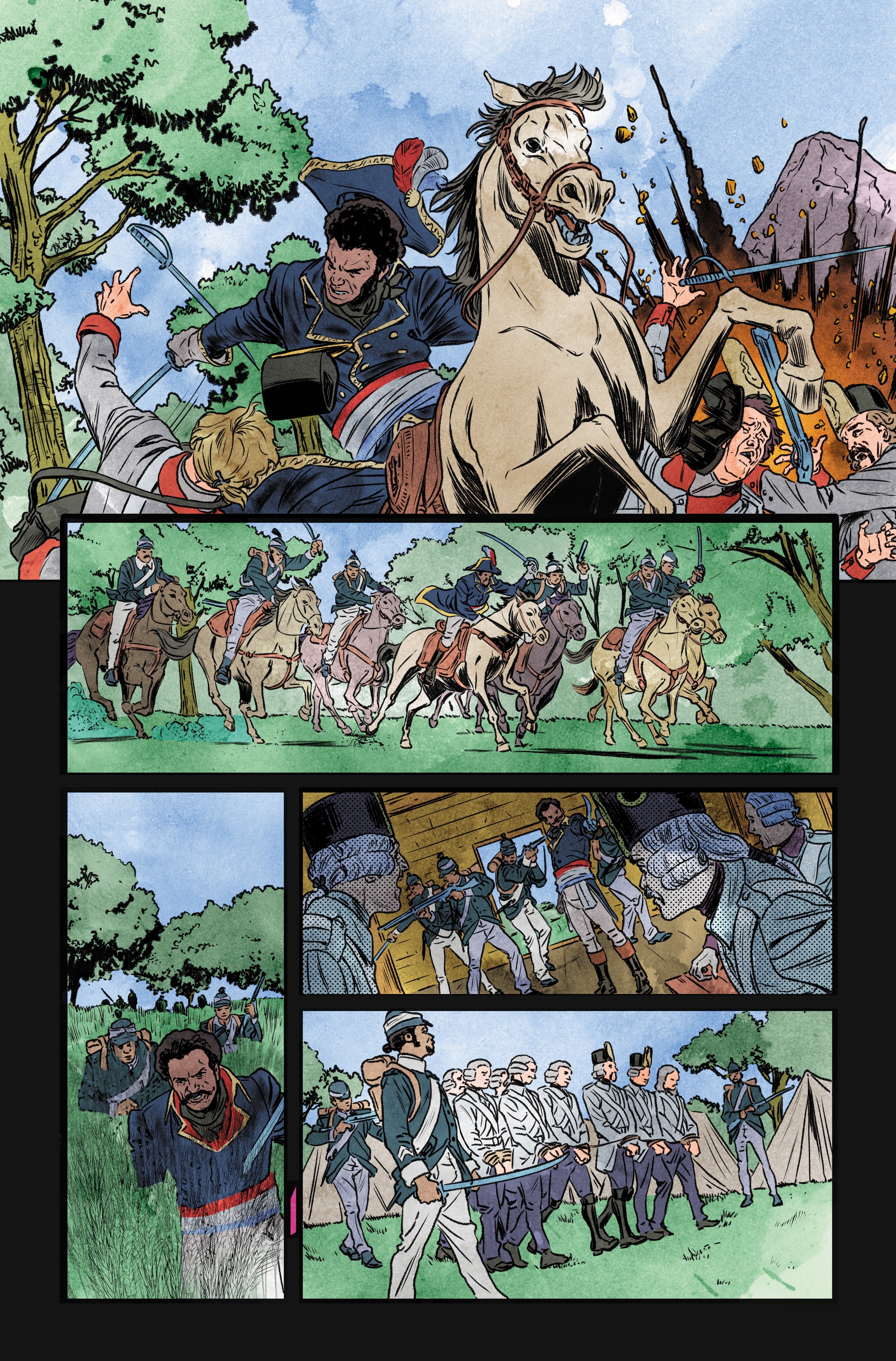 Interior page of a comic featuring a war scene with soldiers on horses