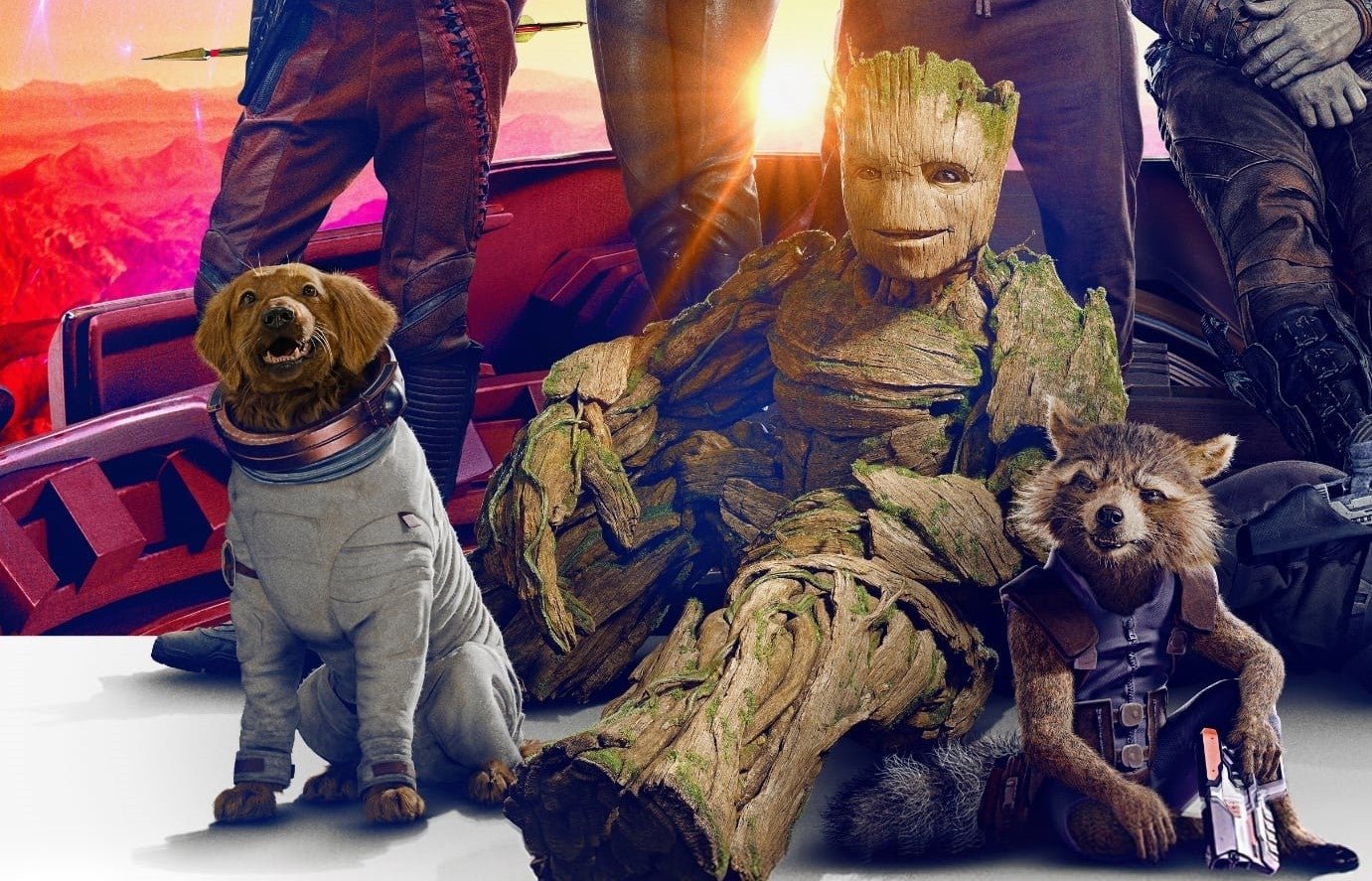 Cropped poster featuring Groot, Rocket and Cosmo