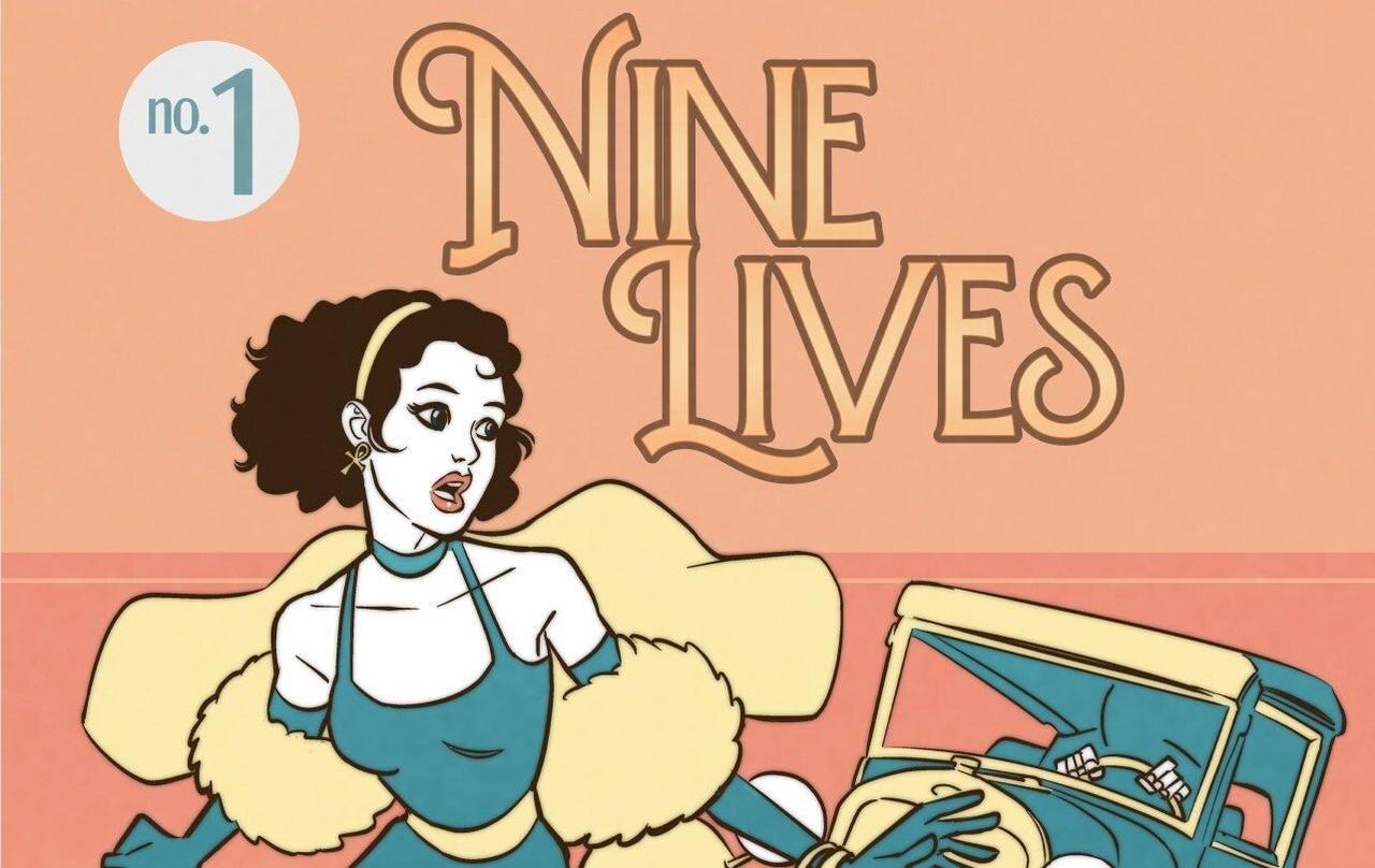 Illustrated cover of Nine Lives, featuring a woman in a dress running from a car.