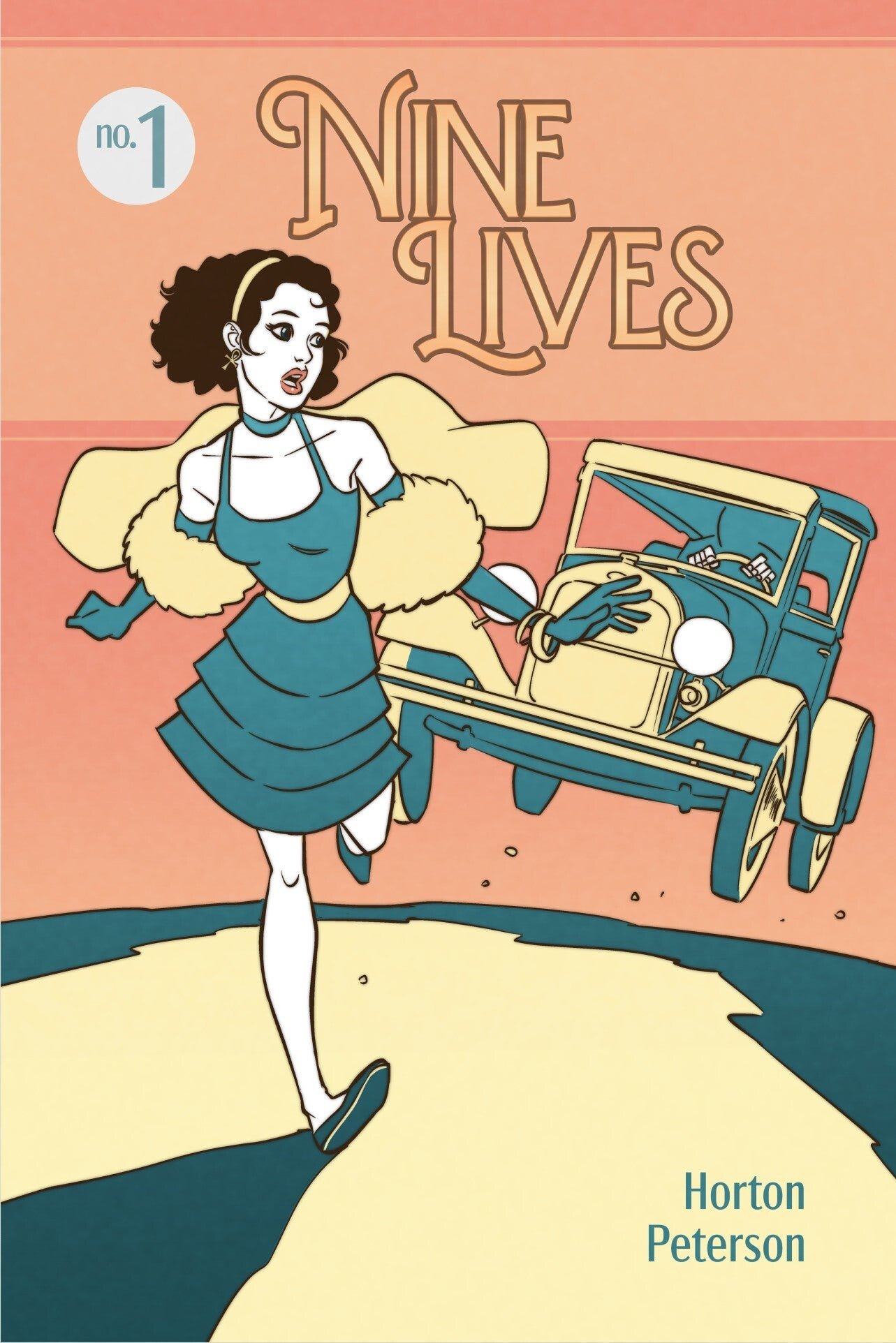 Illustrated cover of Nine Lives, featuring a woman in a dress running from a car.