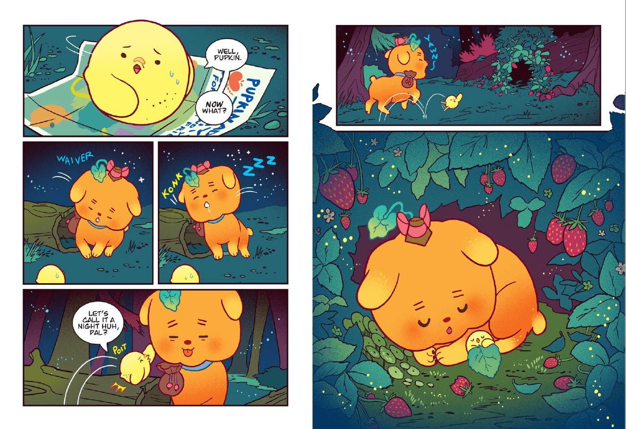 Interior pages of Lemon Bird featuring two animal fruit characters