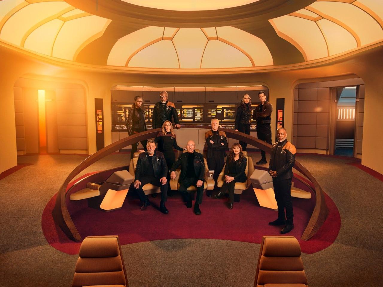 Jonathan Frakes as Riker, Jeri Ryan as Seven of Nine, Sir Patrick Stewart as Picard, Brent Spiner as Data, LeVar Burton as Geordi, Michelle Hurd as Raffi, Michael Dorn as Worf, Gates McFadden as Beverly Crusher and Ed Speleers as Jack Crusher in Star Trek: Picard on Paramount+