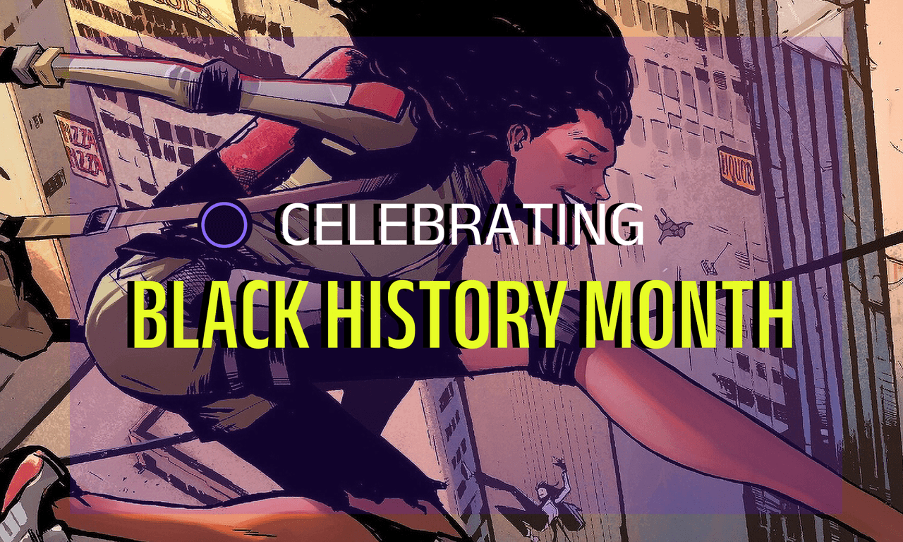 Illustration of a young Black woman jumping through the air smiling, laid over the image is a light purple overlay that reads Celebrating Black History Month