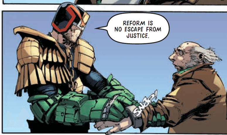 Judge Dredd putting handcuffs on an old man