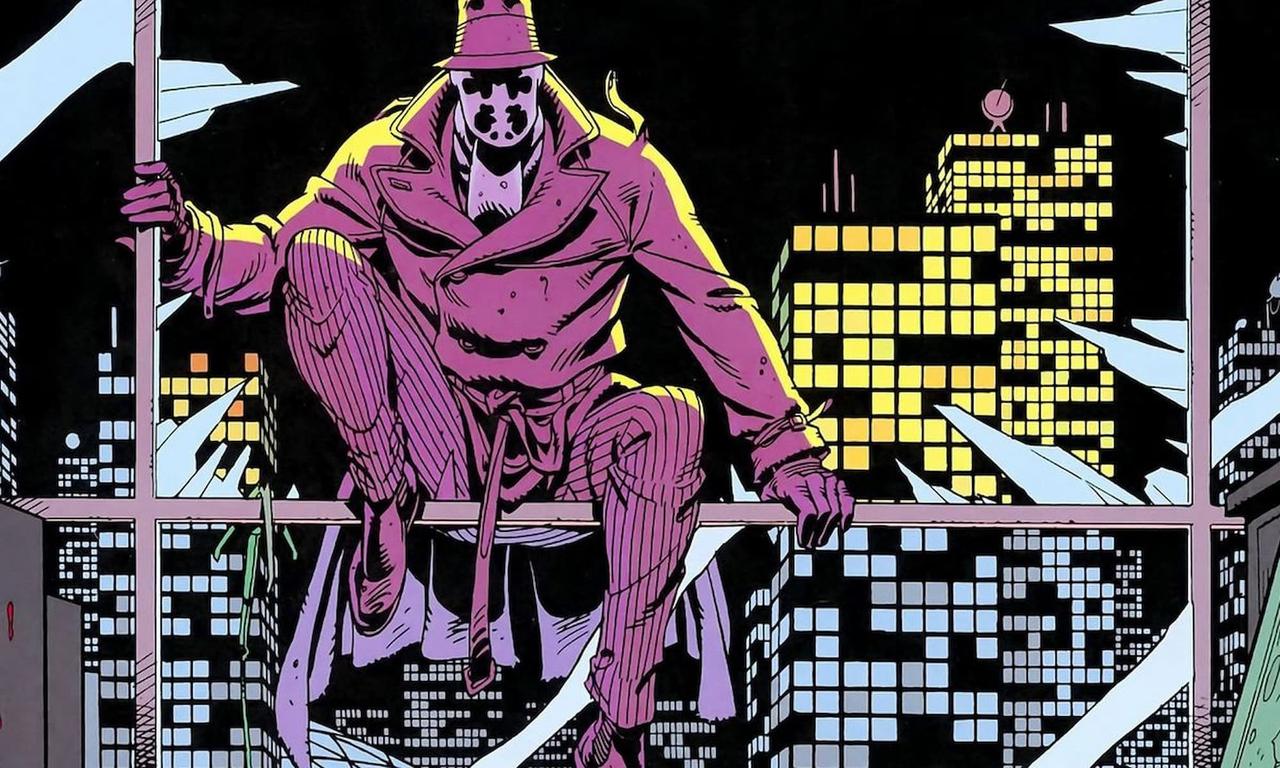 Rorschach on a balcony in Watchmen