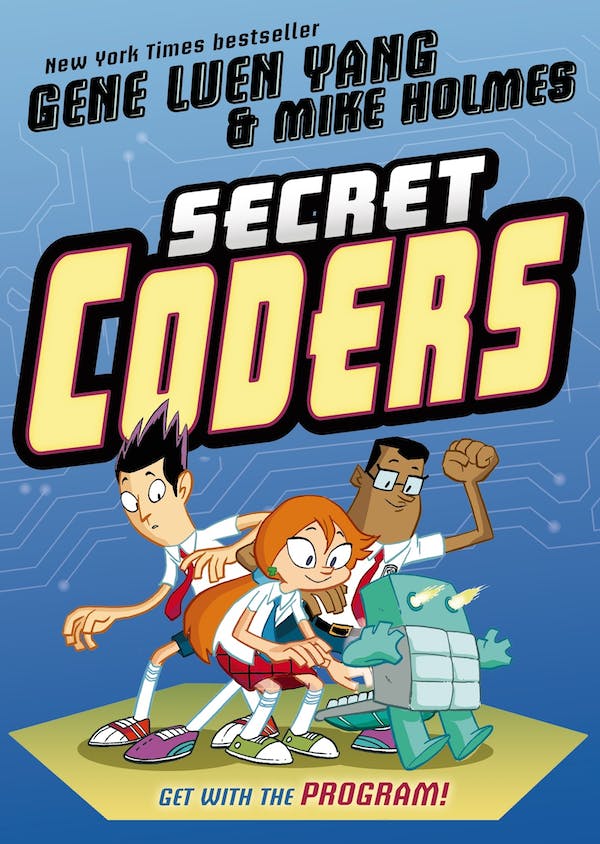 Cover of Secret Coders featuring four characters in white shirts